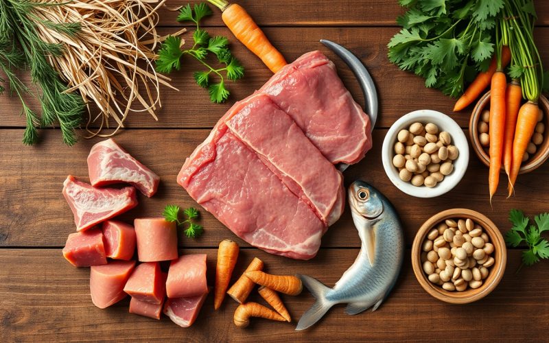 Aliments naturels animaux : flat lay viande, poisson, légumes et foin - Poil&Caille