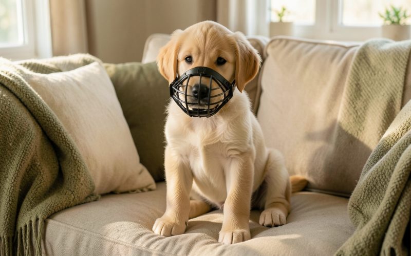 Chiot golden retriever portant une muselière cage ergonomique — apprentissage Poil&Caille
