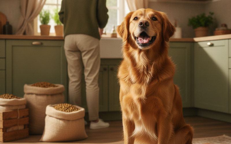 Choisir aliments chien : chien heureux devant sa gamelle de croquettes