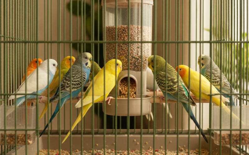 Distributeur graines oiseaux : perruches et canaris se nourrissant