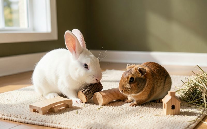 Lapin et cochon d'Inde jouant avec un jouet bois rongeur naturel Poil&Caille
