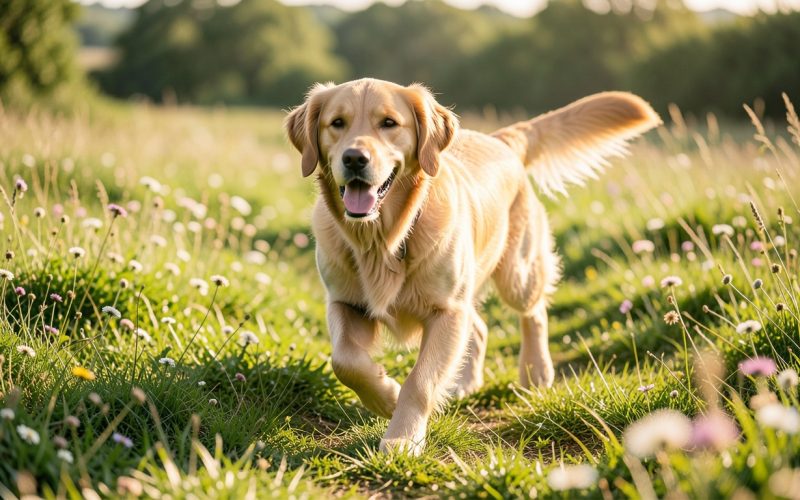 Antiparasitaire naturel chien : golden retriever en prairie - sélection Poil&Caille